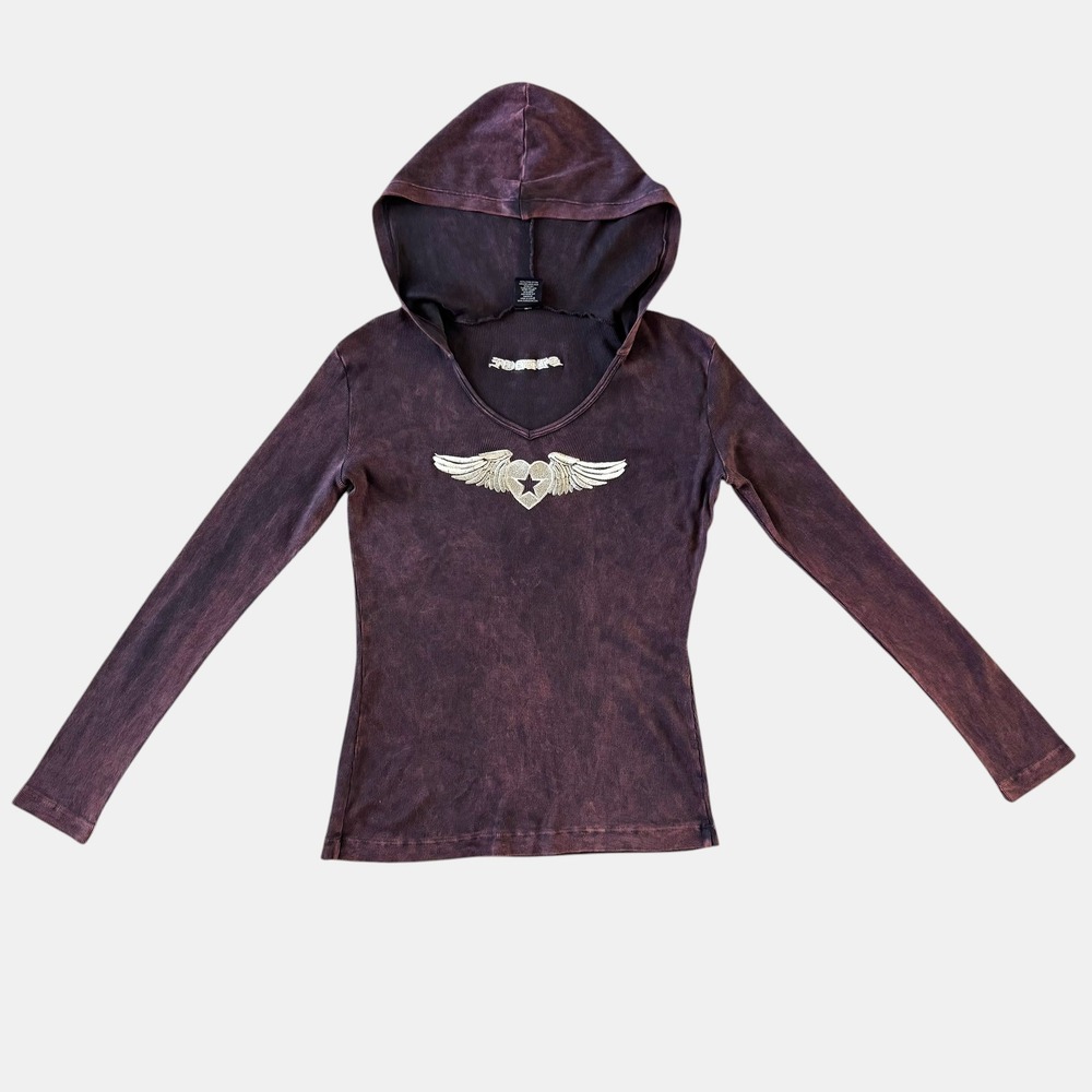 Sledge USA Womens L XL Ribbed Hooded Top Winged Heart Cyber Y2K Vintage Grunge